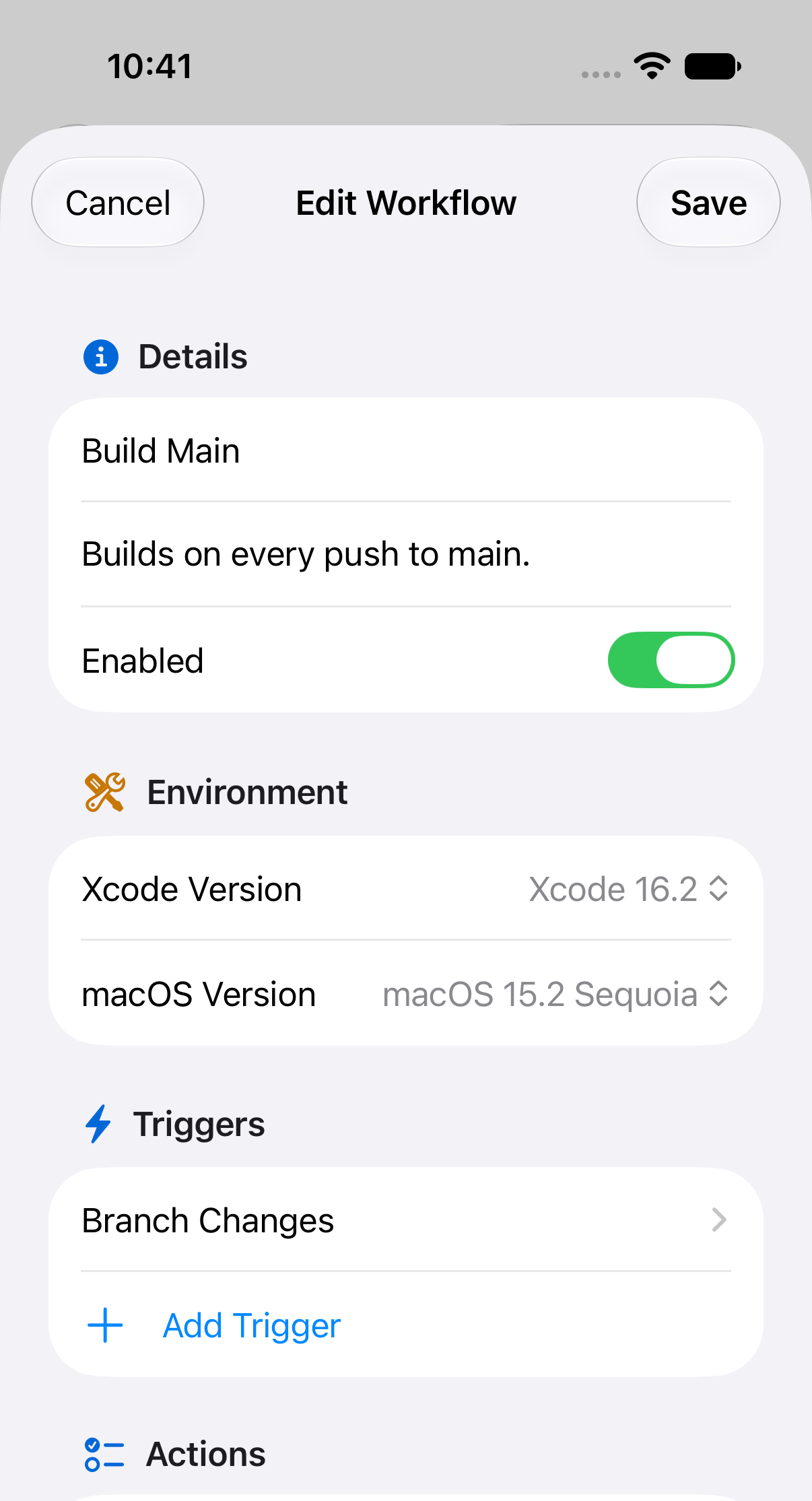 The Edit Workflow sheet in Mobile Builds showing the workflow's current name and settings