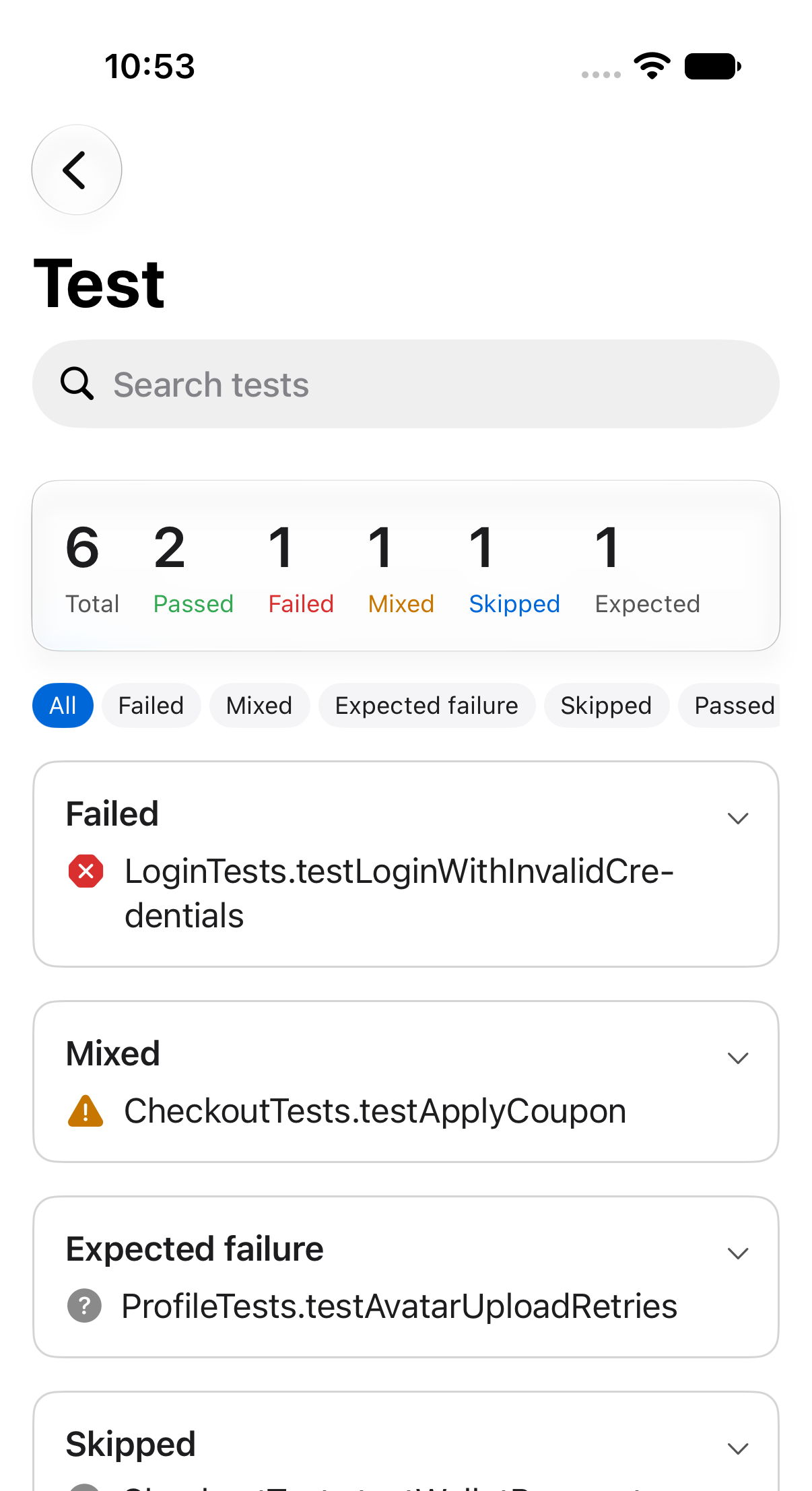 Test action details in Mobile Builds showing a results summary and a list of test results