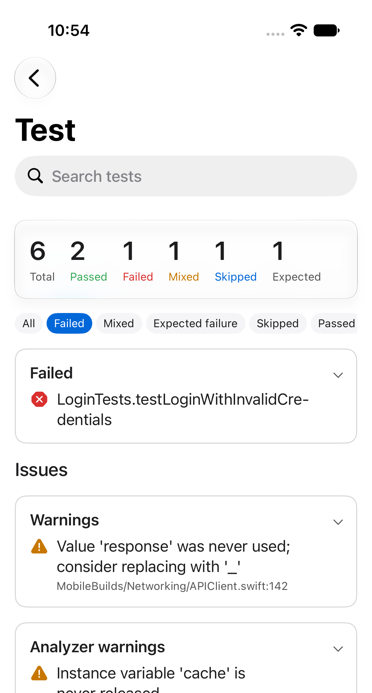 Test results filtered to show only failures