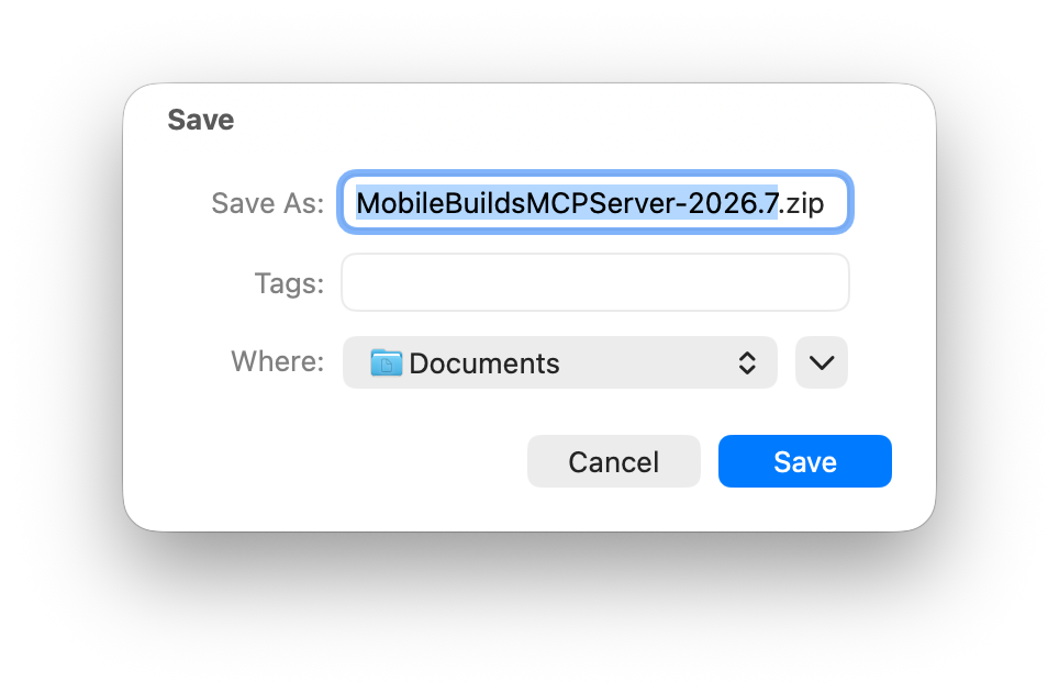 macOS save sheet with the file named MobileBuildsMCPServer-2026.7.zip and Documents selected