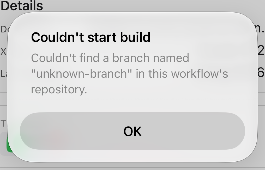 Alert reporting that the branch could not be found