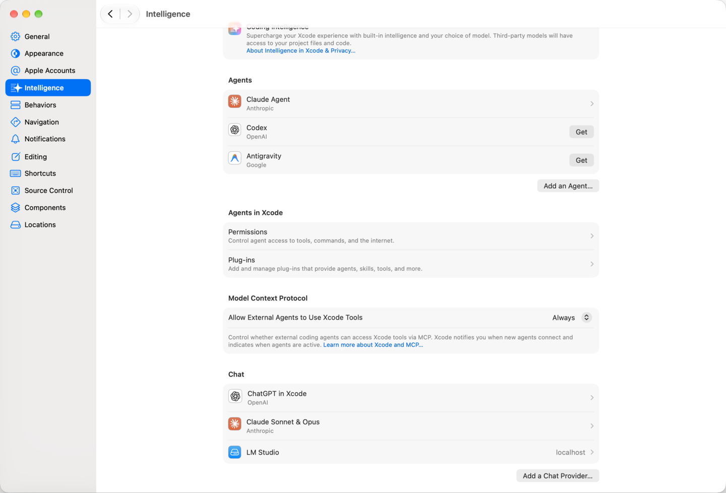 Xcode's Intelligence settings with the Plug-ins row under Agents in Xcode