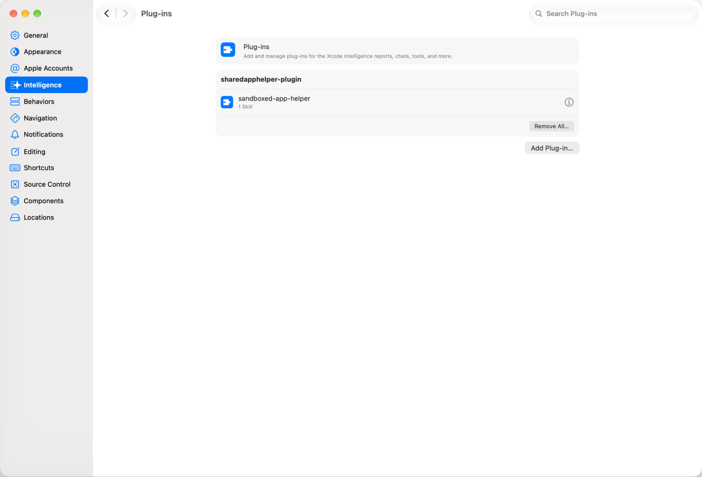 The Plug-ins pane in Xcode settings with an Add Plug-in button