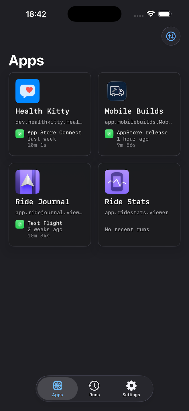 Mobile Builds on iOS — app list