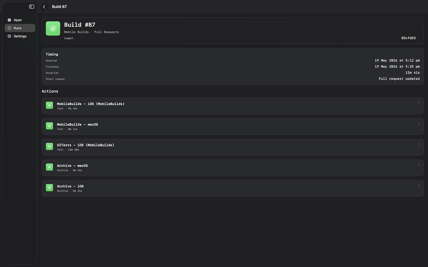 Mobile Builds on macOS — build run details