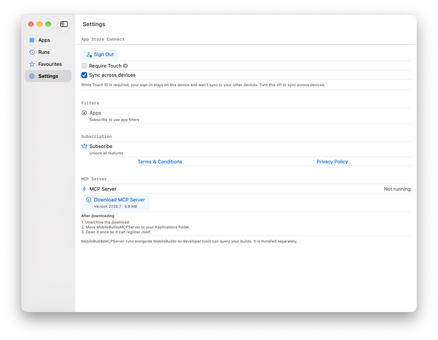 Mobile Builds Settings on macOS with the MCP Server section showing Not running and a Download MCP Server button