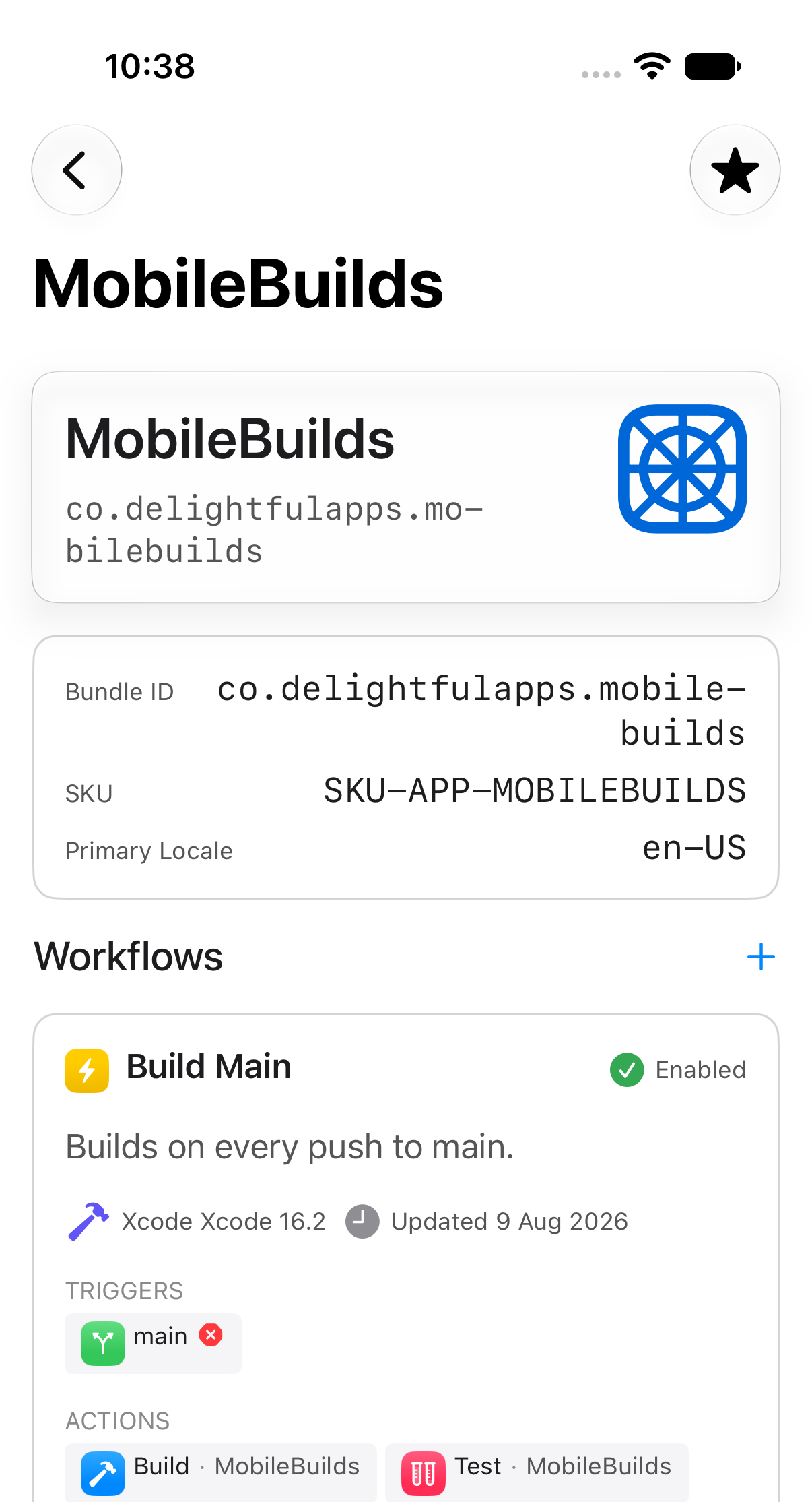 App details in Mobile Builds with the toolbar star filled in