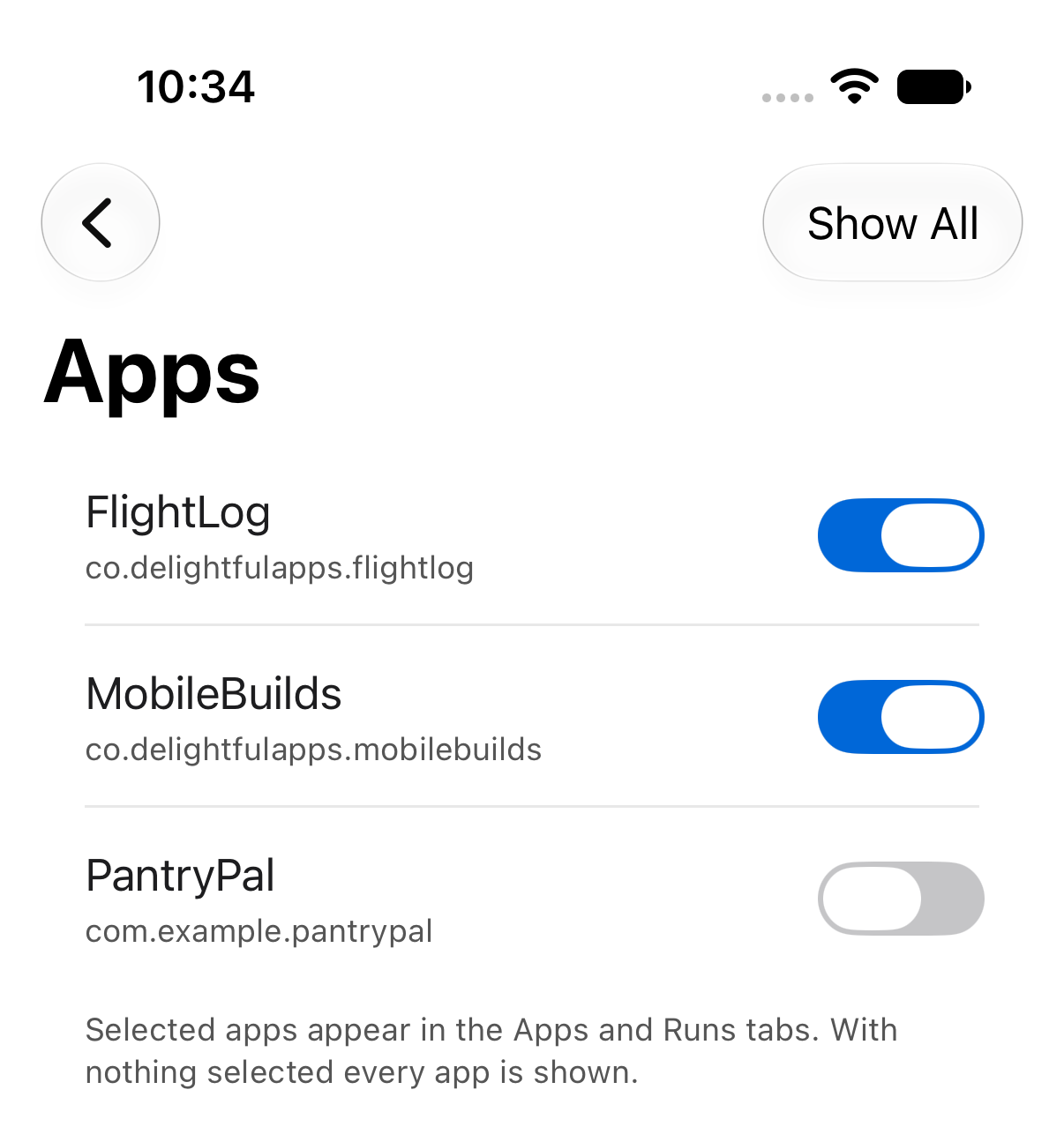 The Apps filter picker with two of three apps switched on and a Show All button in the toolbar