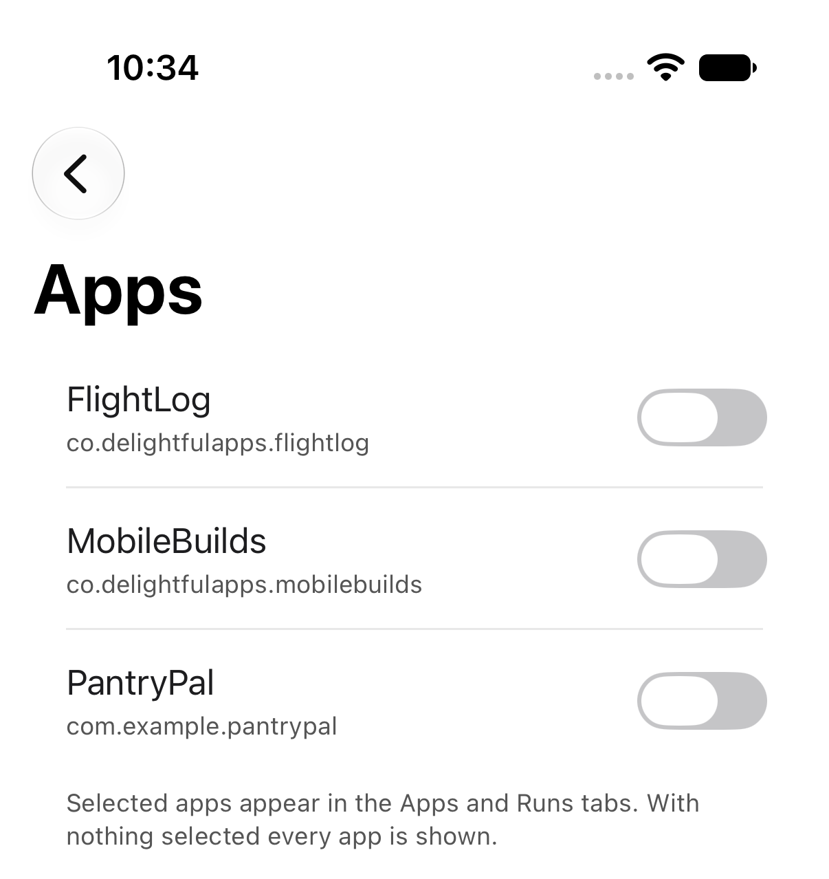 The Apps filter picker in Mobile Builds with a toggle beside each app