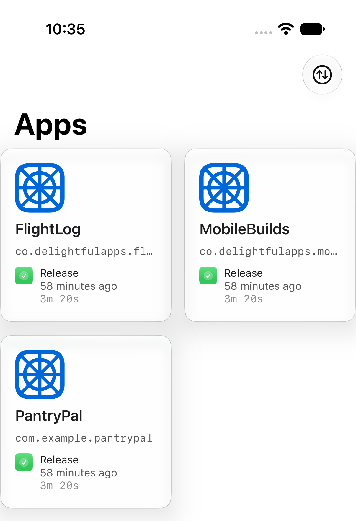 The Apps tab in Mobile Builds showing three app cards with their recent build status