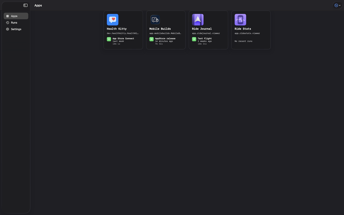 Mobile Builds on macOS — app list