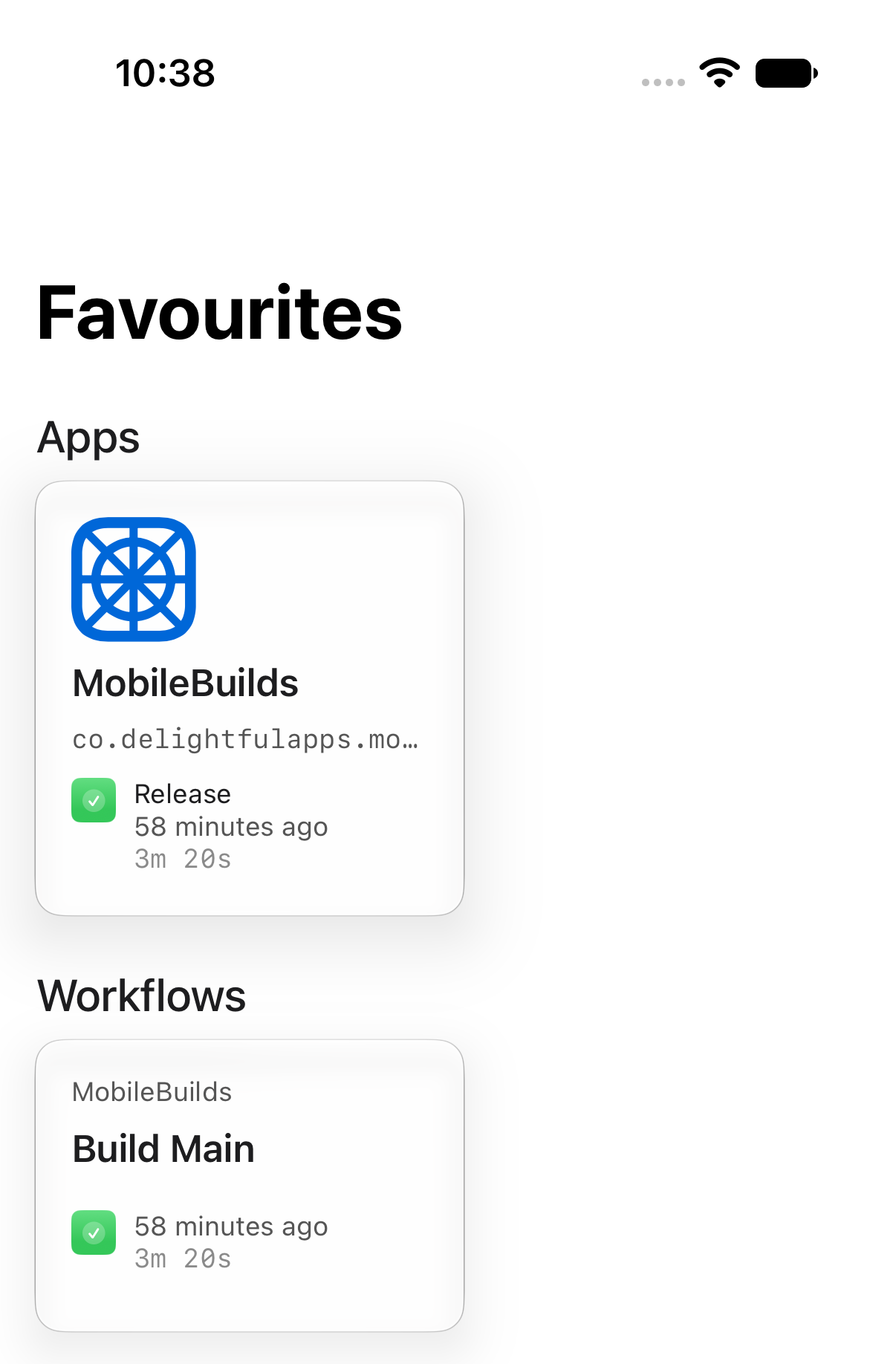 The Favourites tab in Mobile Builds showing a starred app and a starred workflow