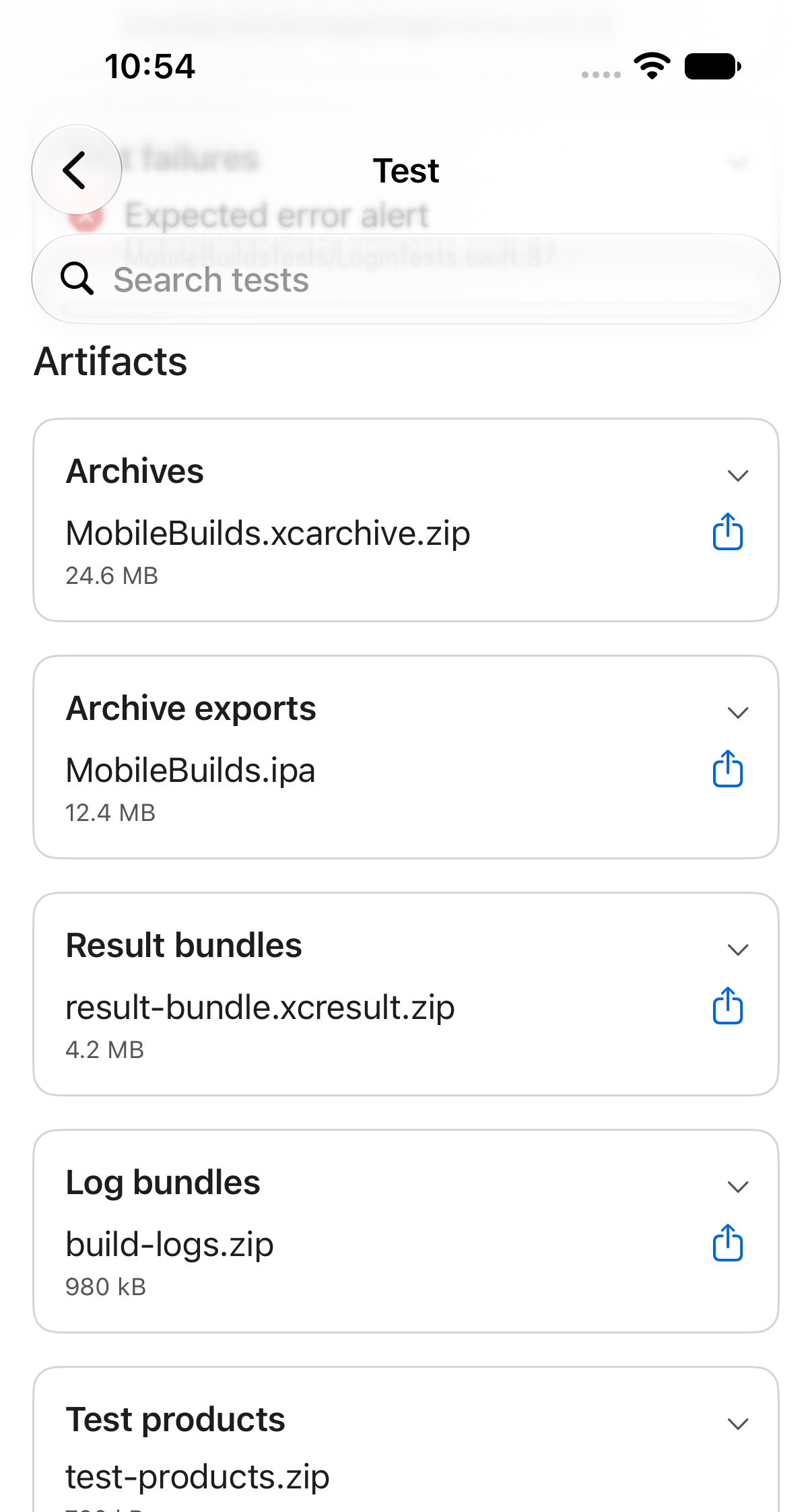 Artifacts grouped into Archives, Archive exports, Result bundles, Log bundles and Test products, each with a share button