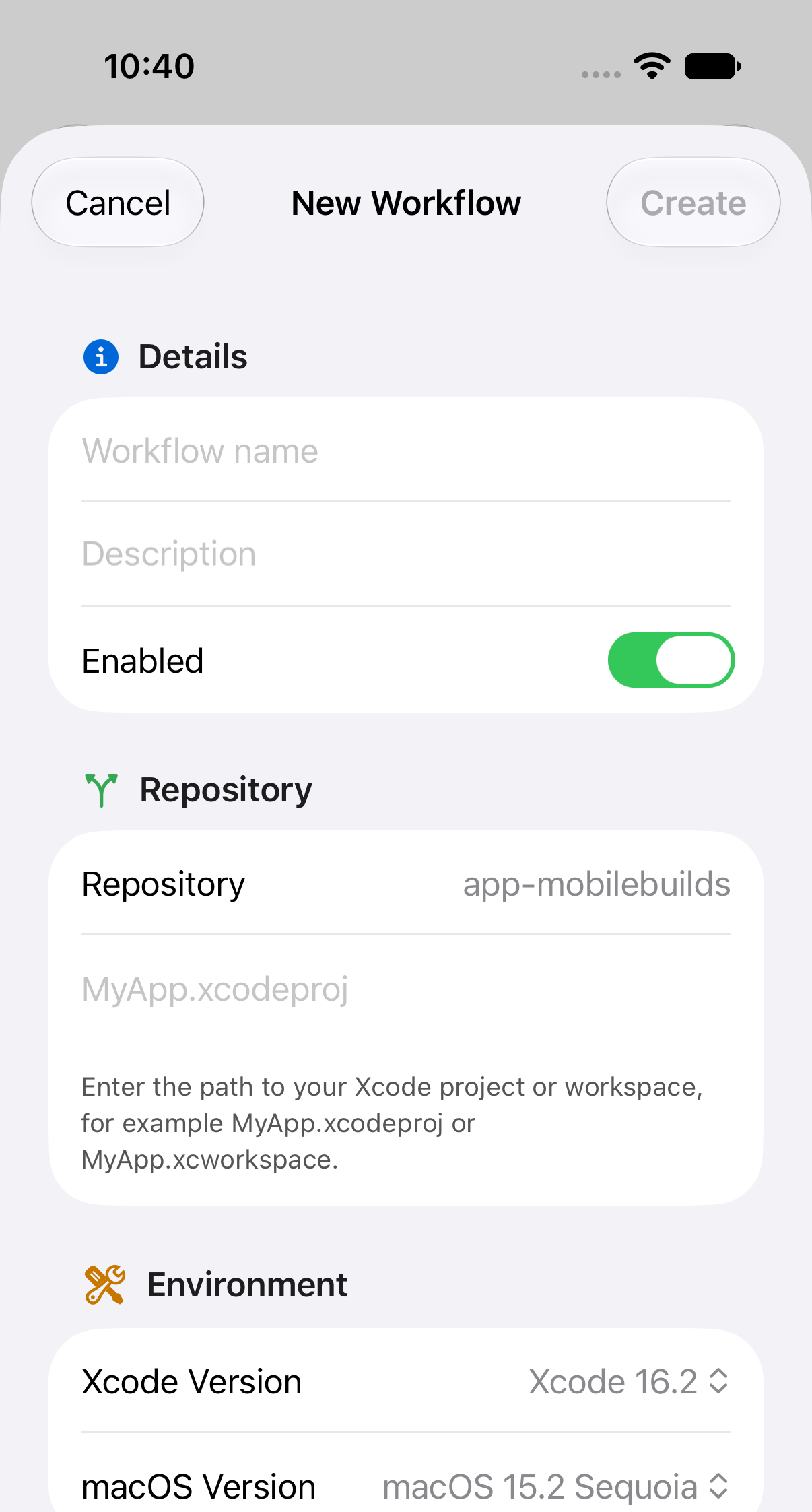 The New Workflow sheet in Mobile Builds with Details, Repository and Environment sections