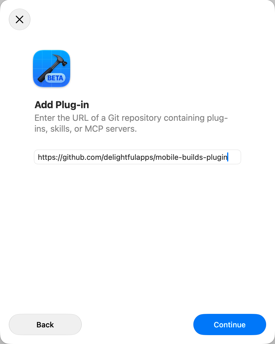 Add Plug-in dialog with the Mobile Builds plug-in repository URL typed into the field
