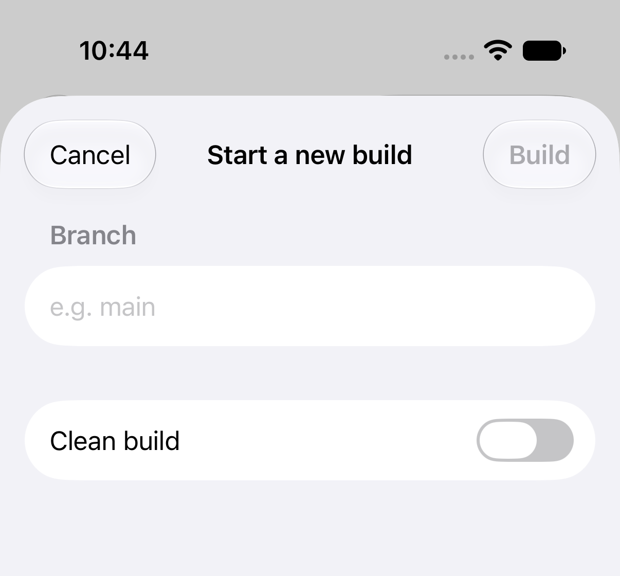 Start a build sheet with a branch field, a Clean build toggle, and Cancel and Build buttons