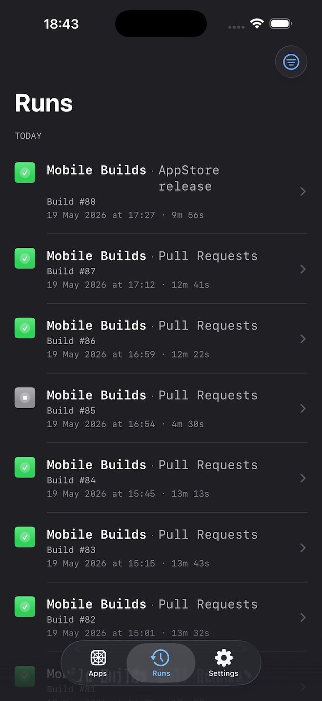 Mobile Builds on iOS — build run history