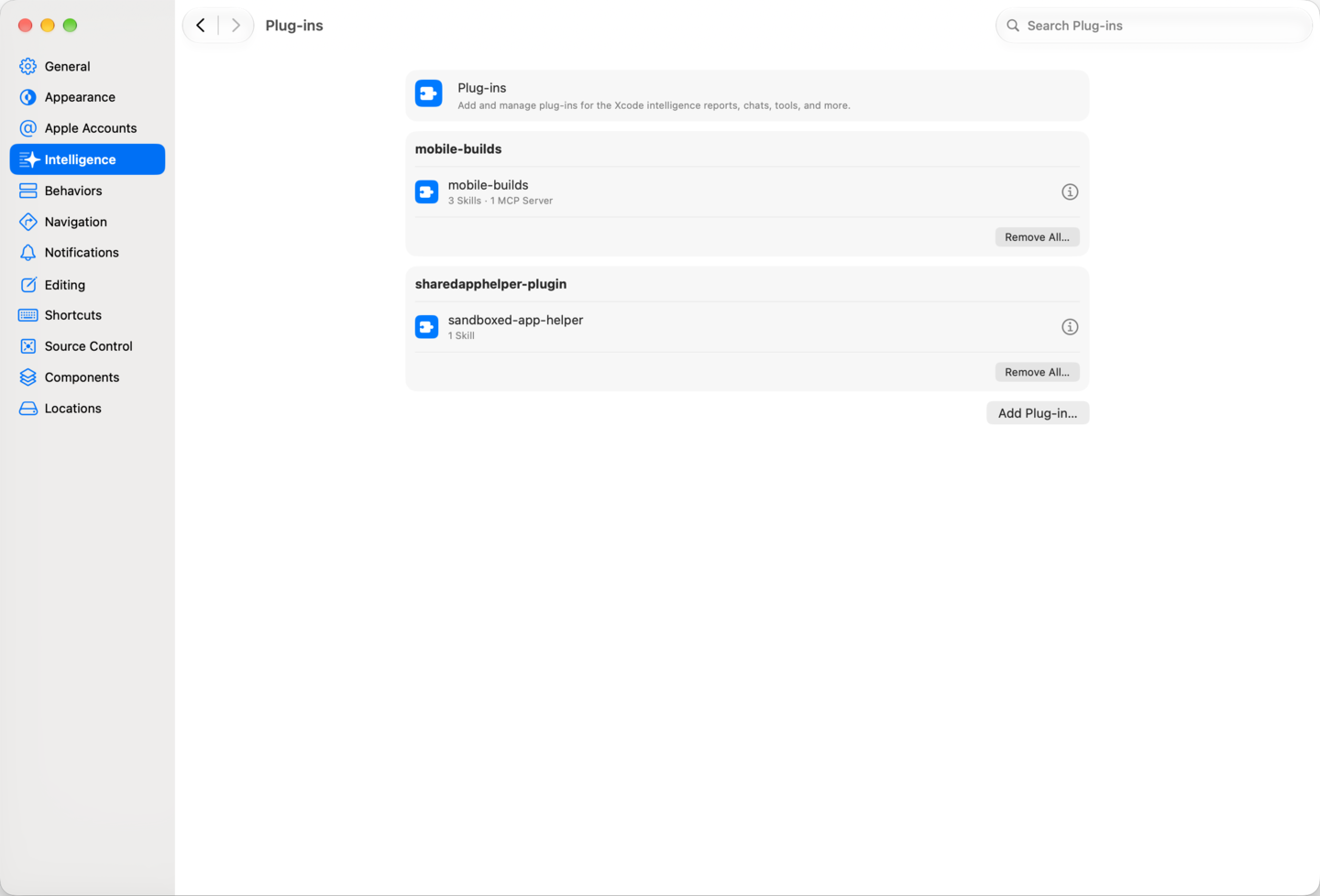 The Plug-ins pane listing mobile-builds with three skills and one MCP server