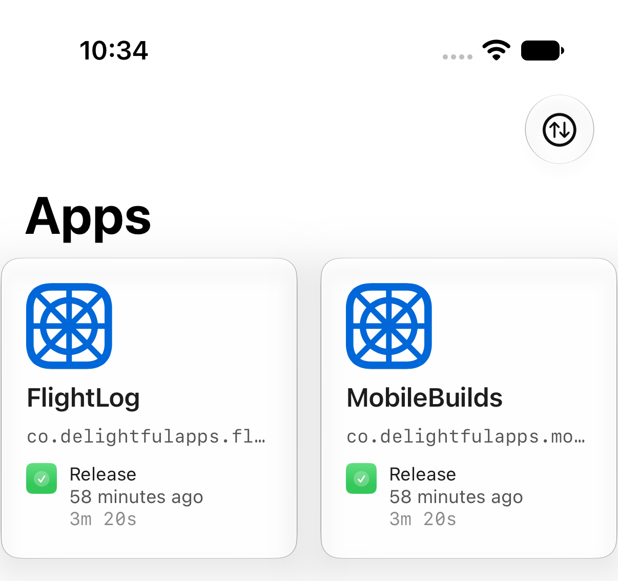 The Apps tab in Mobile Builds showing only the two selected apps