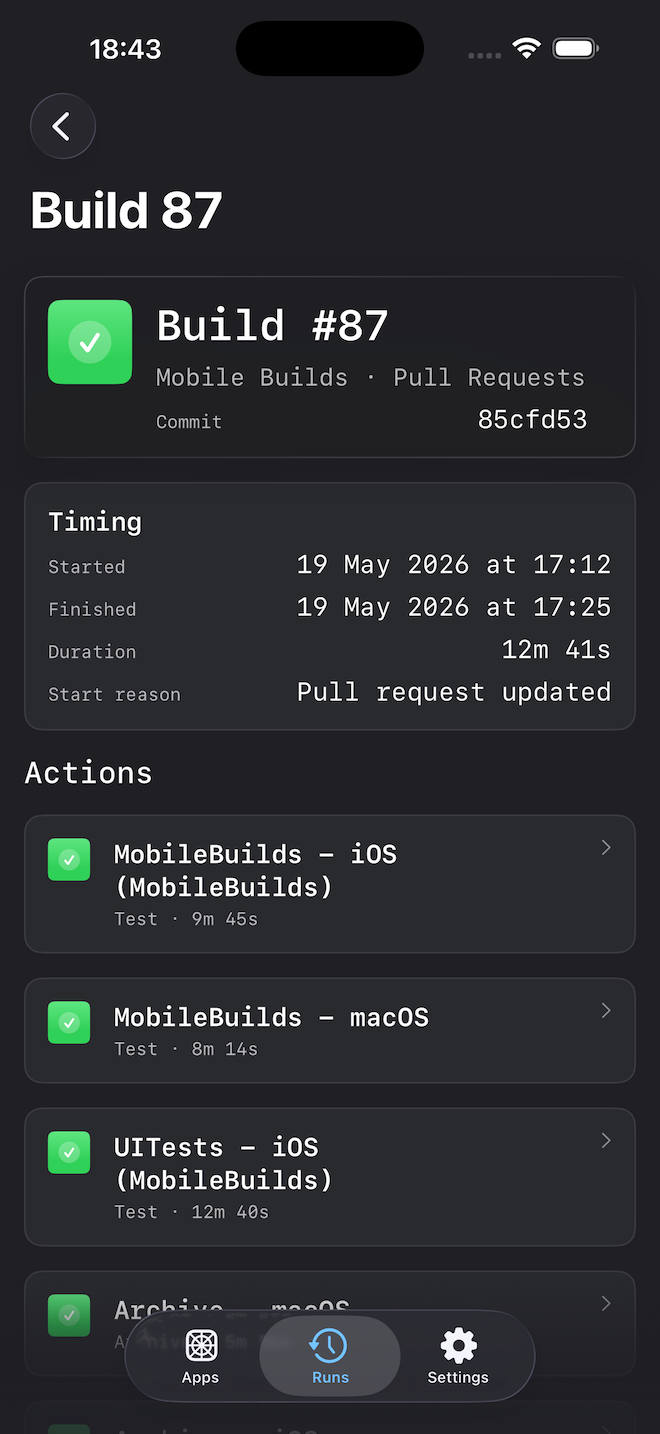 Mobile Builds on iOS — build run details