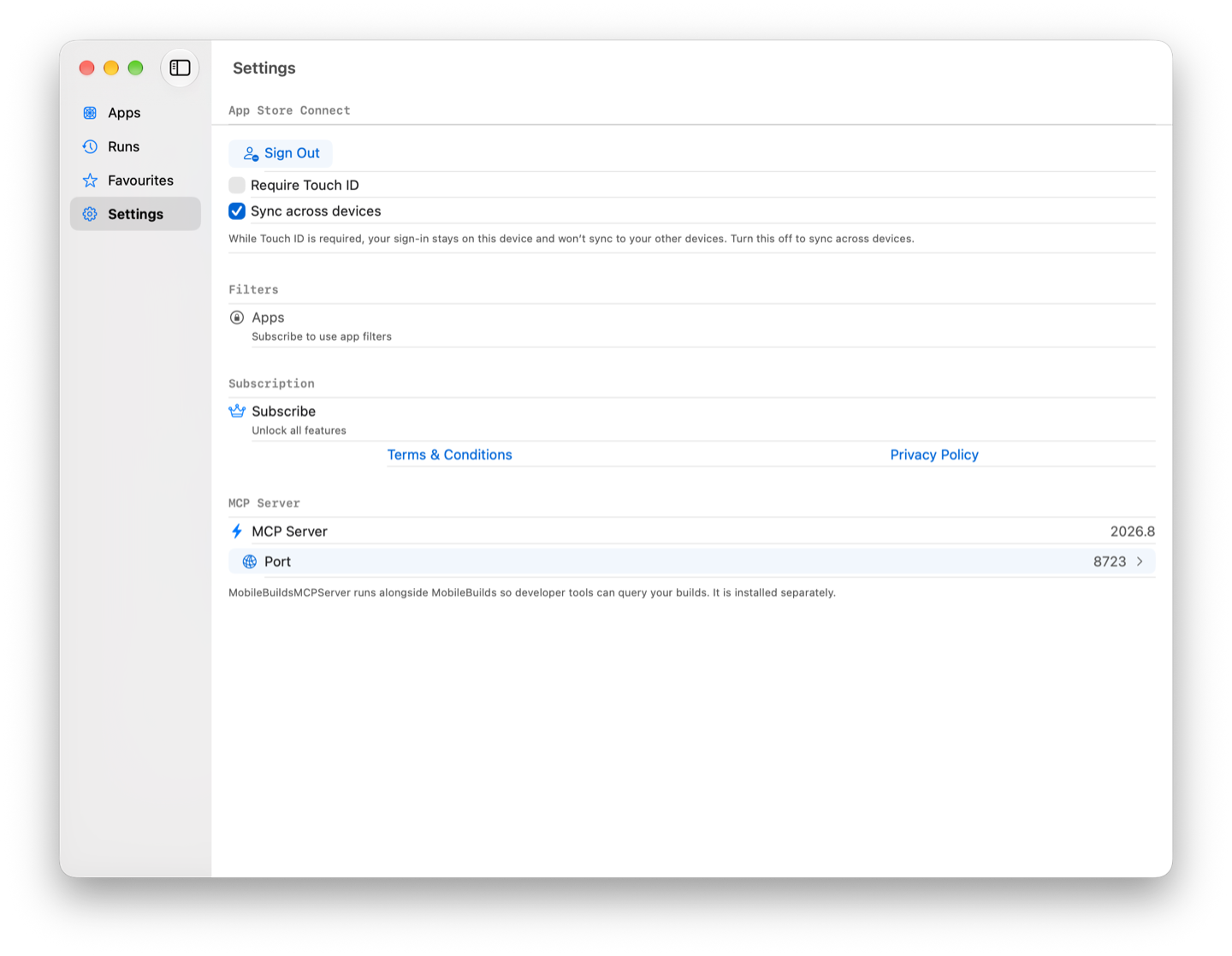 The MCP Server section of Mobile Builds Settings showing version 2026.8 and a Port row set to 8723
