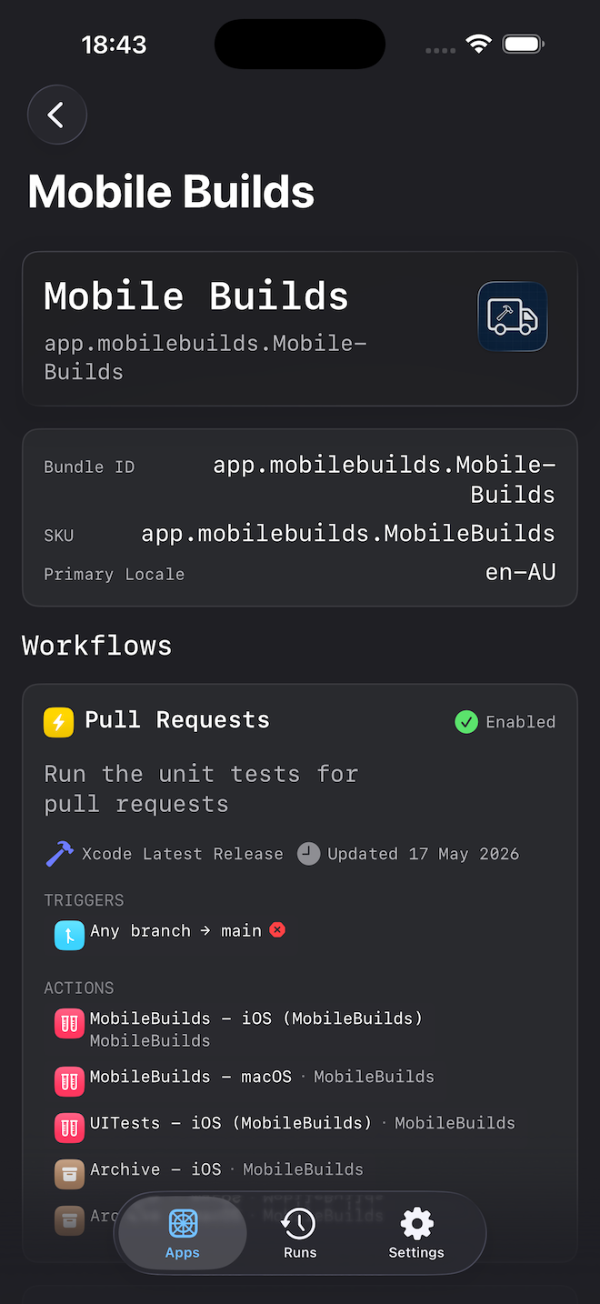 Mobile Builds on iOS — app details with recent builds
