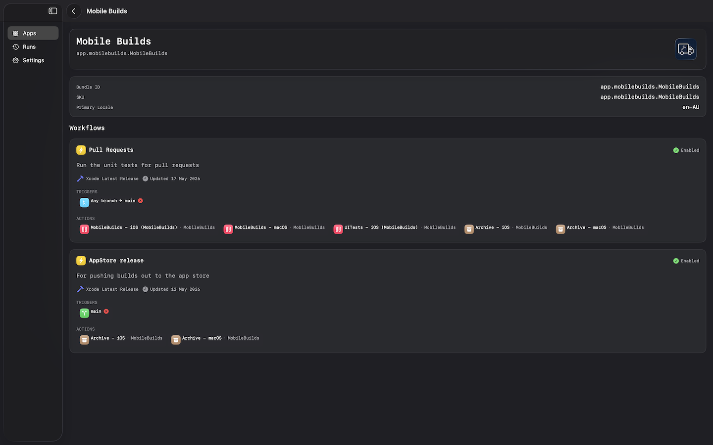 Mobile Builds on macOS — app details with recent builds
