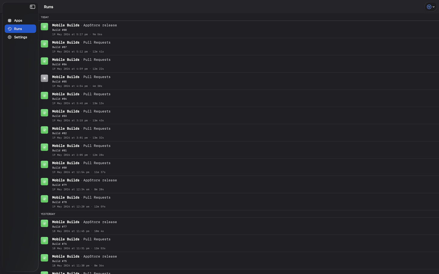 Mobile Builds on macOS — build run history