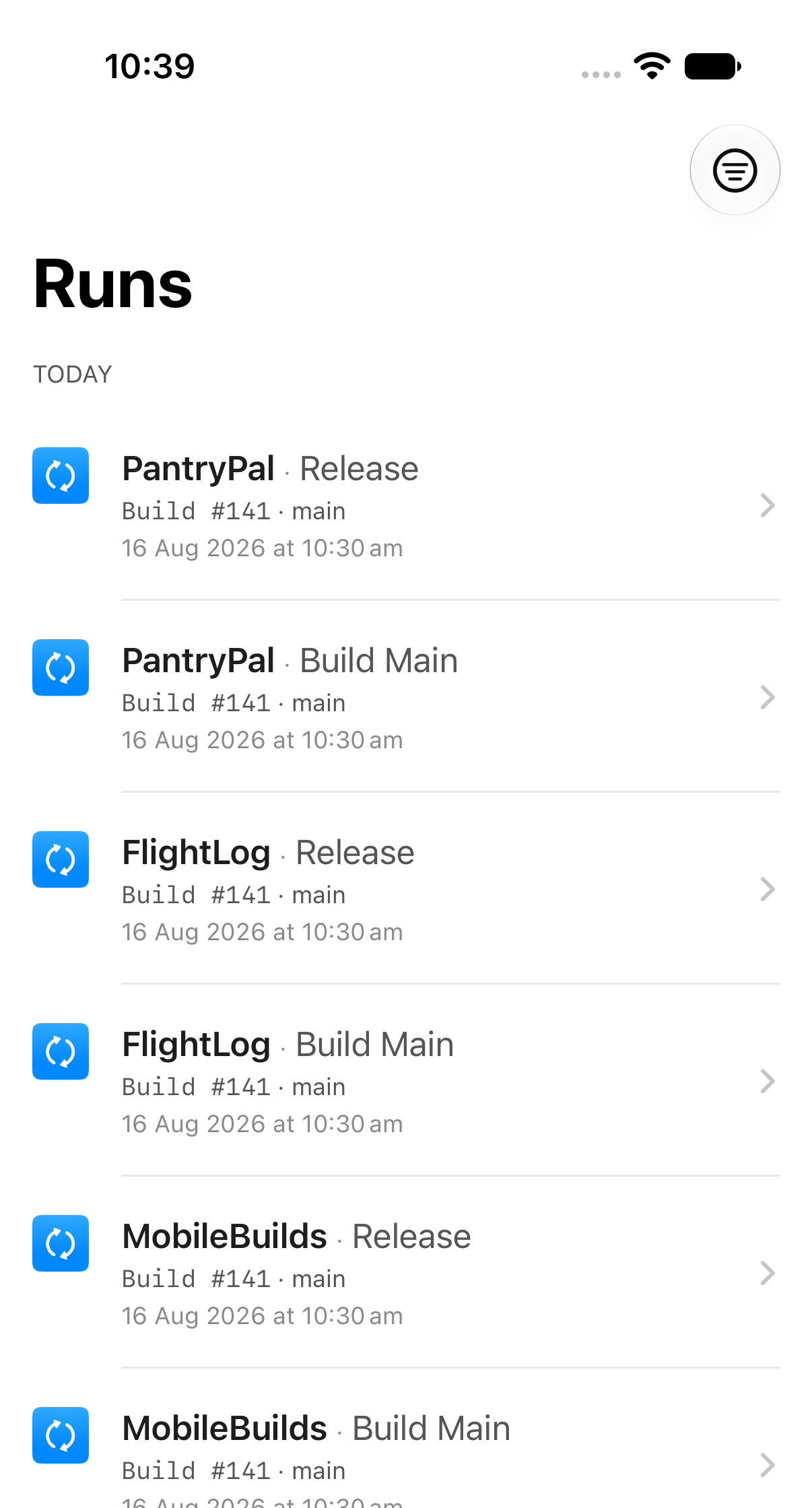 The Runs tab in Mobile Builds listing build runs grouped under Today