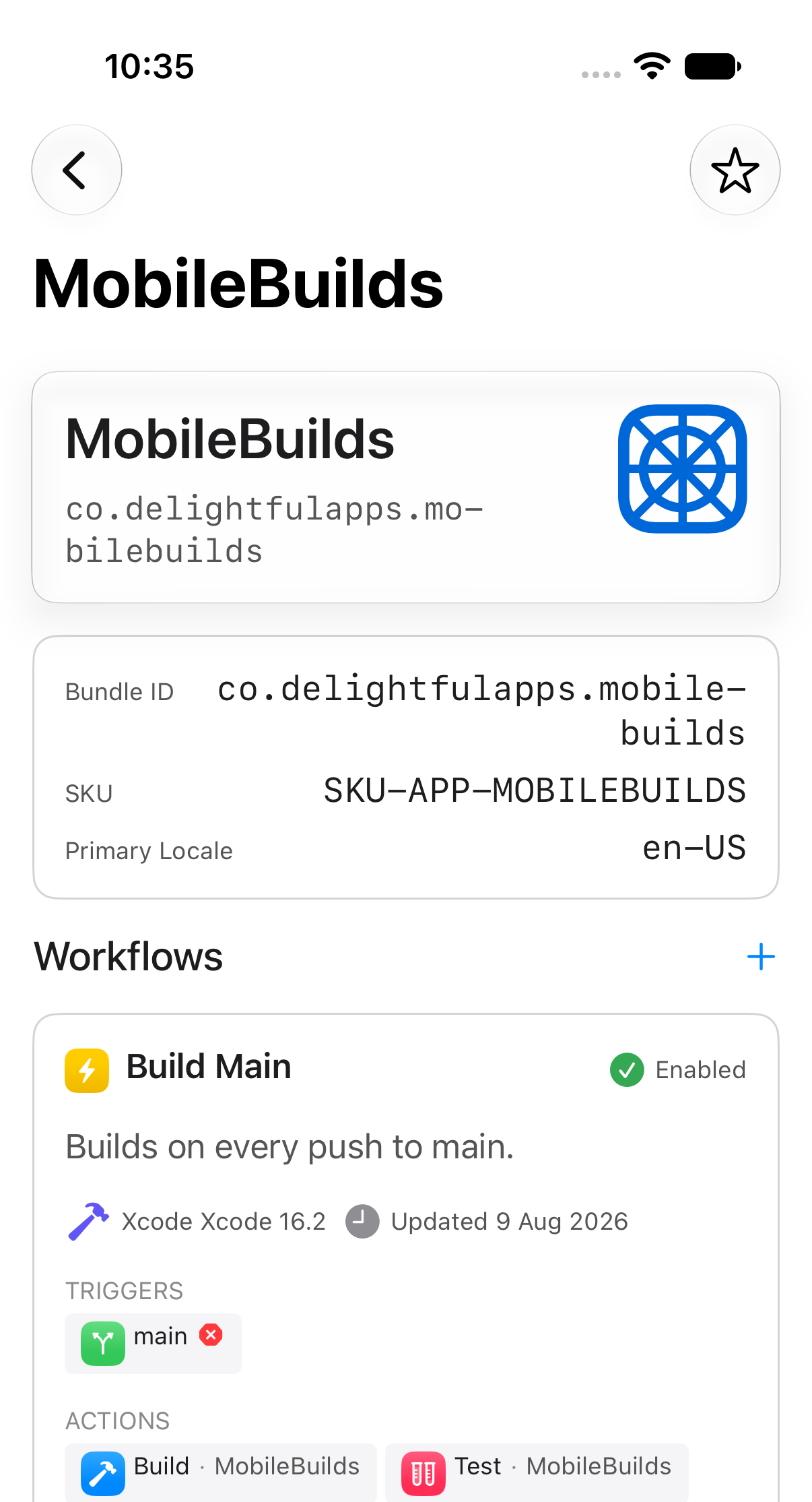 App details in Mobile Builds showing bundle ID, SKU and a list of workflows