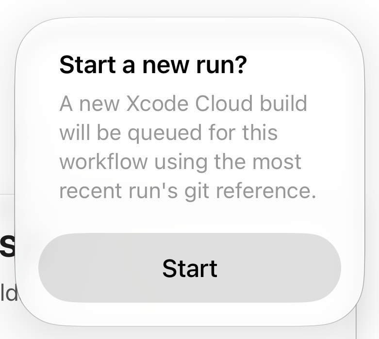 Confirmation dialog reading Start a new run? with Start and Cancel buttons