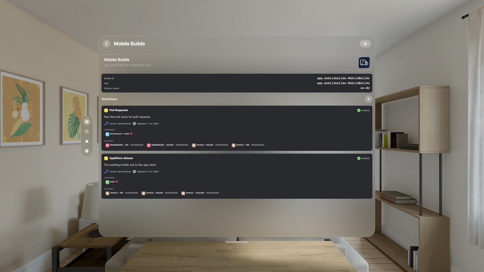 Mobile Builds on visionOS — app details with recent builds