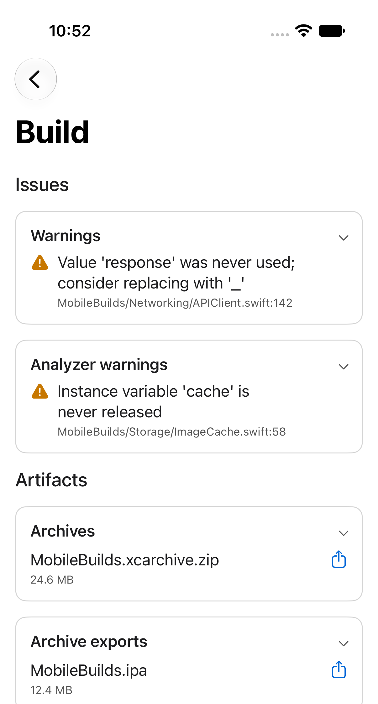 Artifacts section of a build action in Mobile Builds, grouped into expandable cards