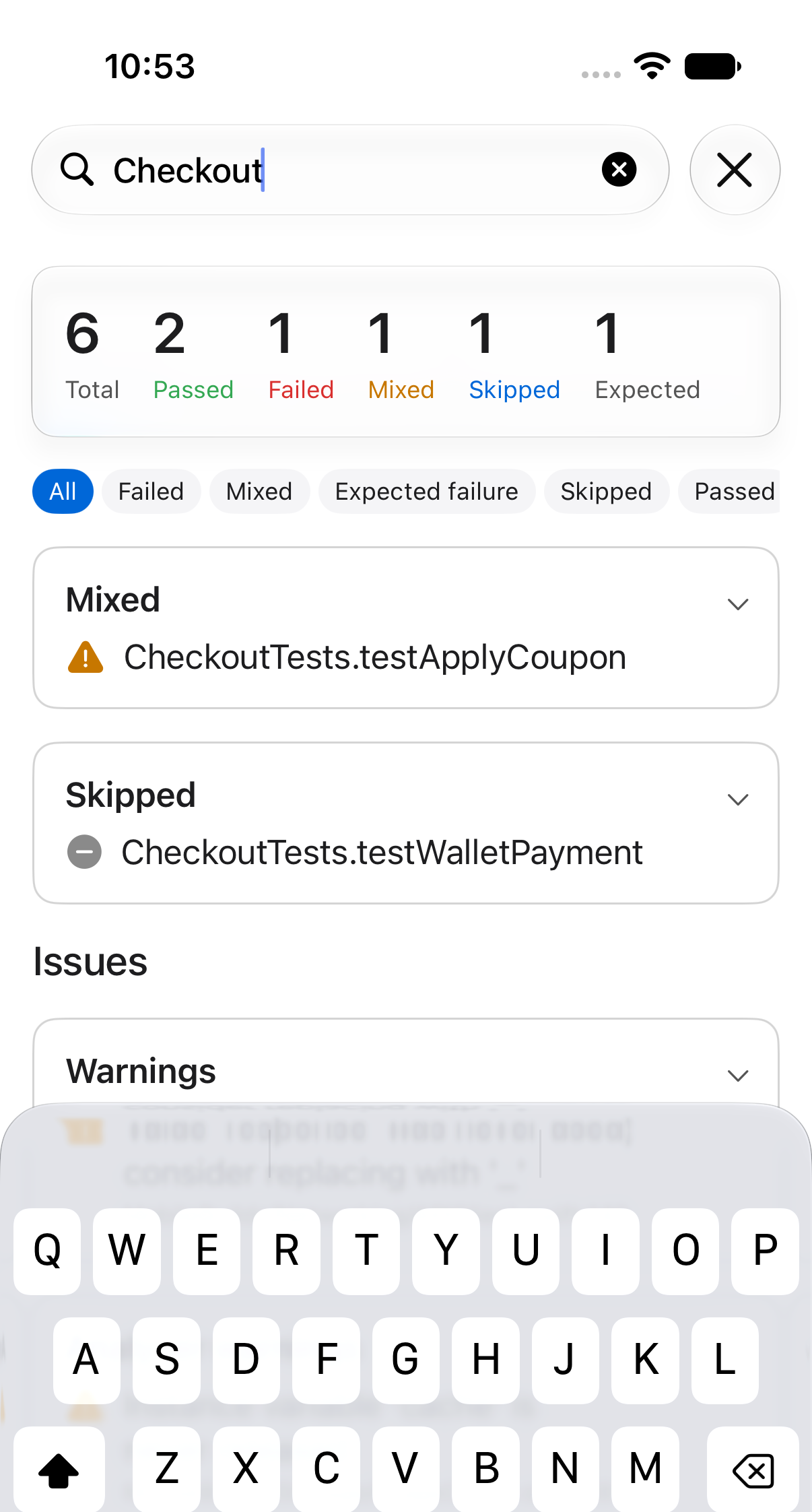 Test results narrowed by a search term to a single suite