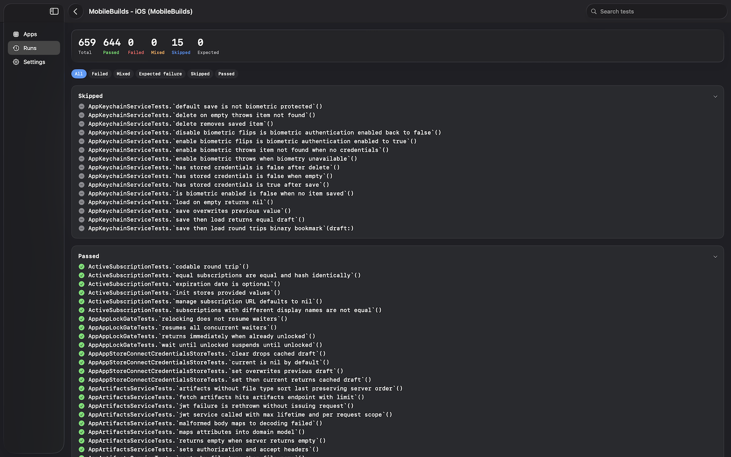 Mobile Builds on macOS — build action logs