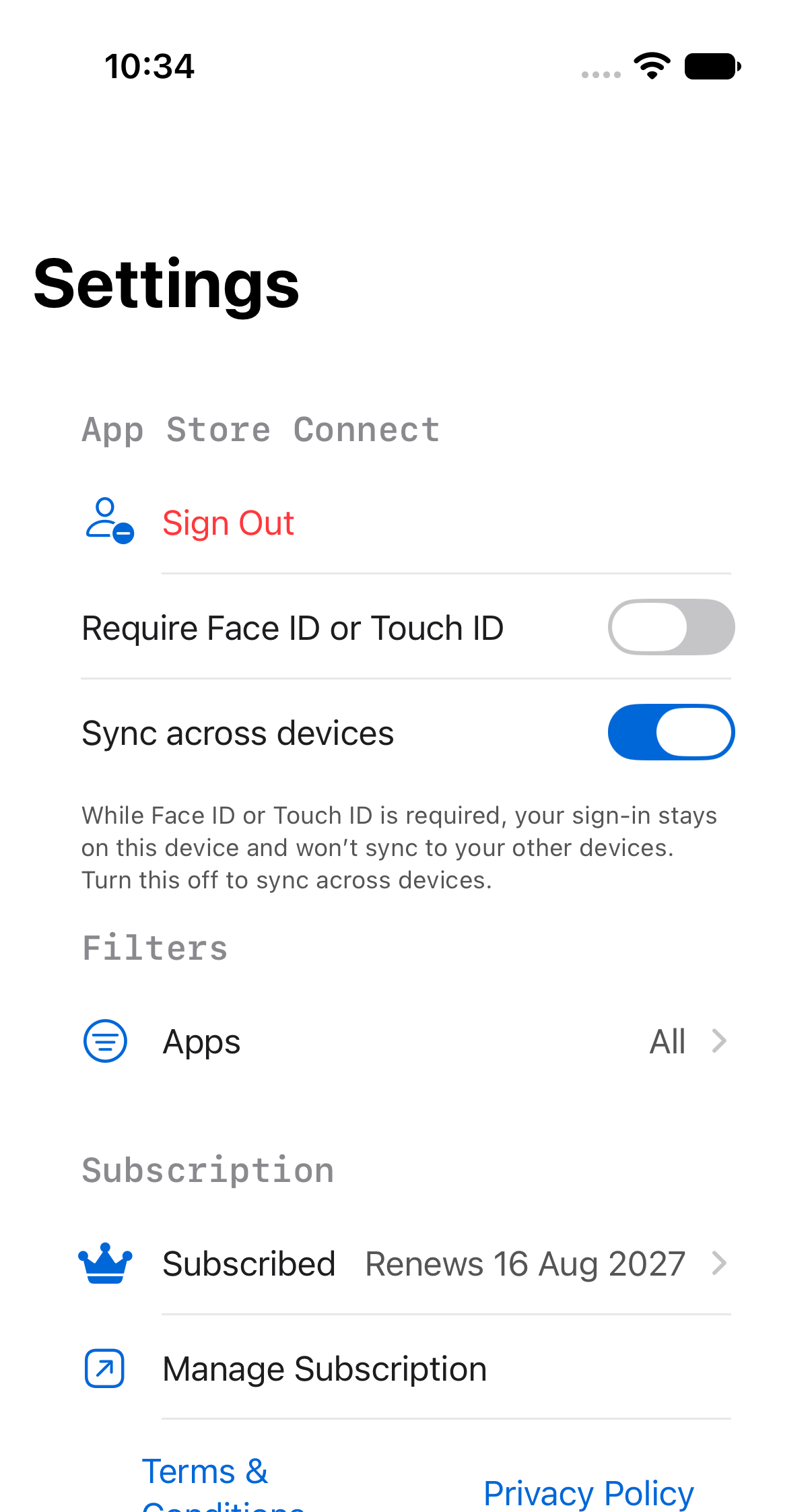 Mobile Builds settings showing the Filters section with an Apps row