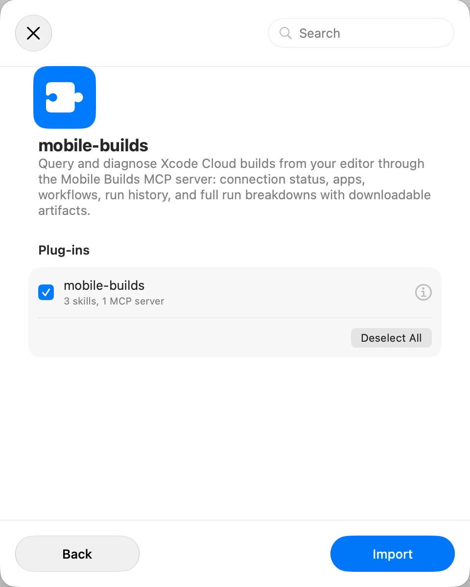 Add Plug-in dialog listing the mobile-builds plug-in with three skills and one MCP server, ready to import