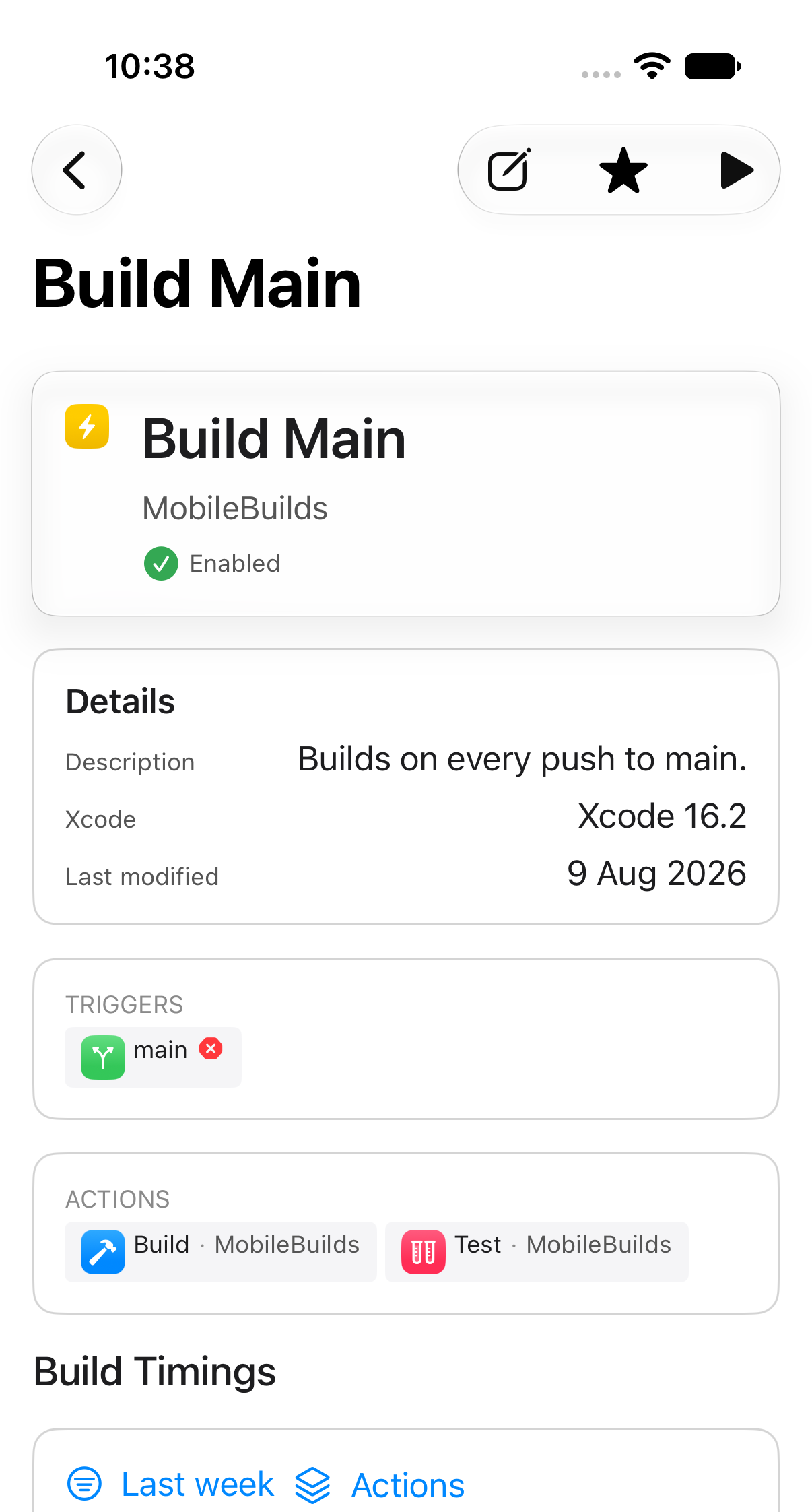 Workflow details in Mobile Builds with the toolbar star filled in