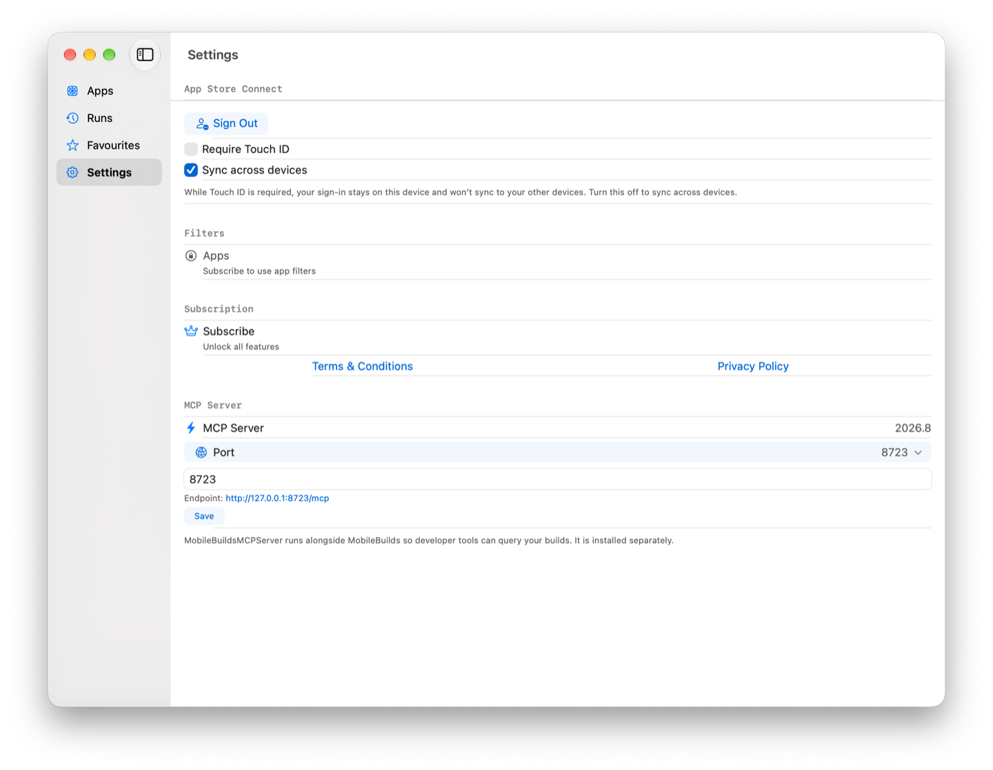 The Port row expanded with a text field reading 8723 and the endpoint http://127.0.0.1:8723/mcp shown below it