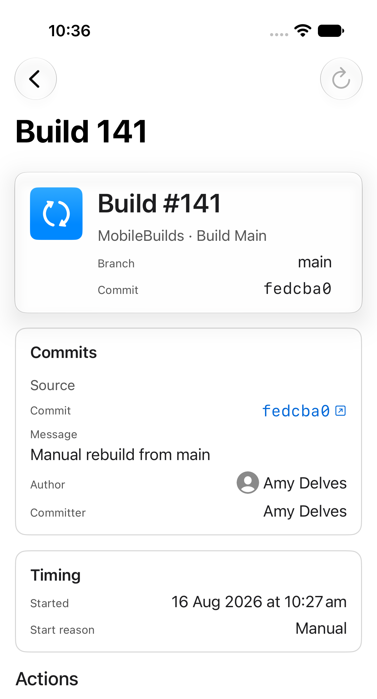 Build run details for an in-progress run, with the Rebuild button dimmed